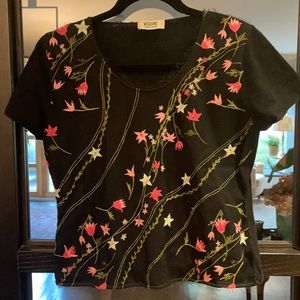 Moschino black cap sleeve floral embroidered cashmere knit size 10